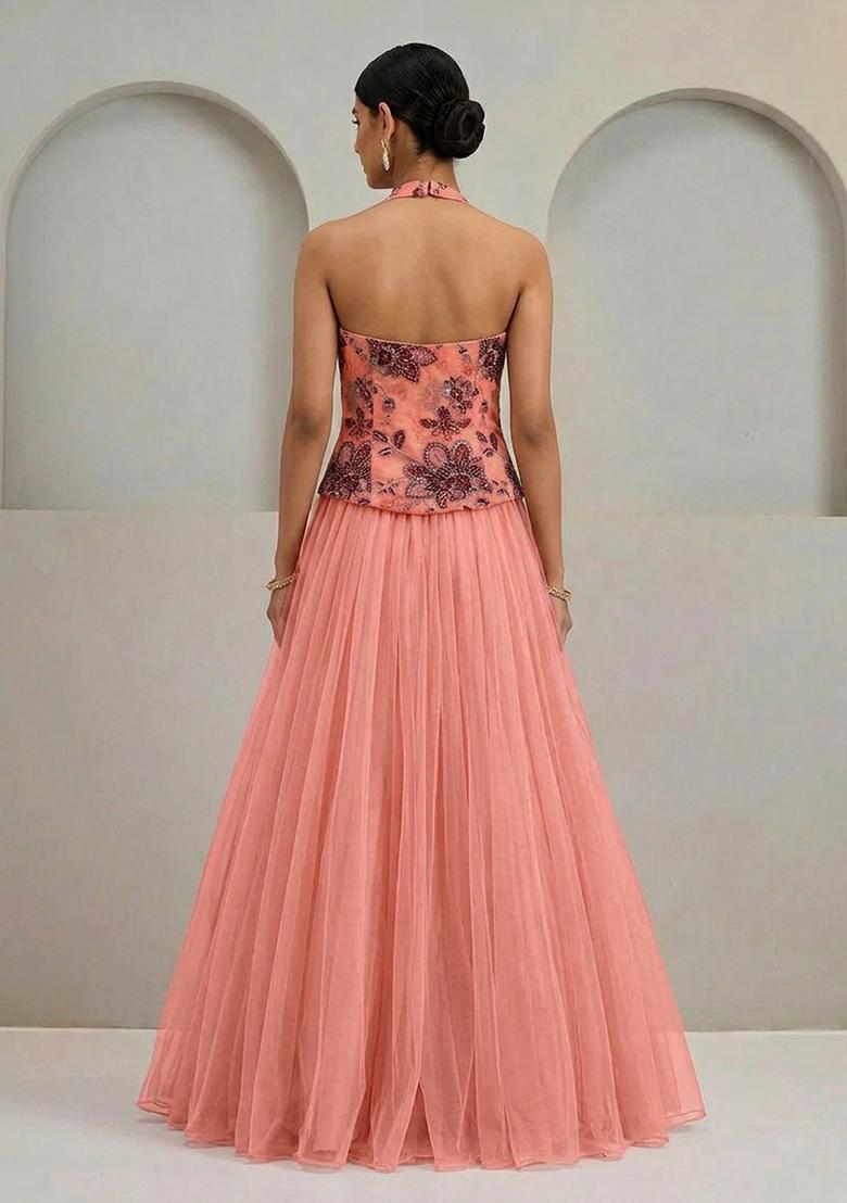 Peach Printed Organza Lehenga Set - Indya
