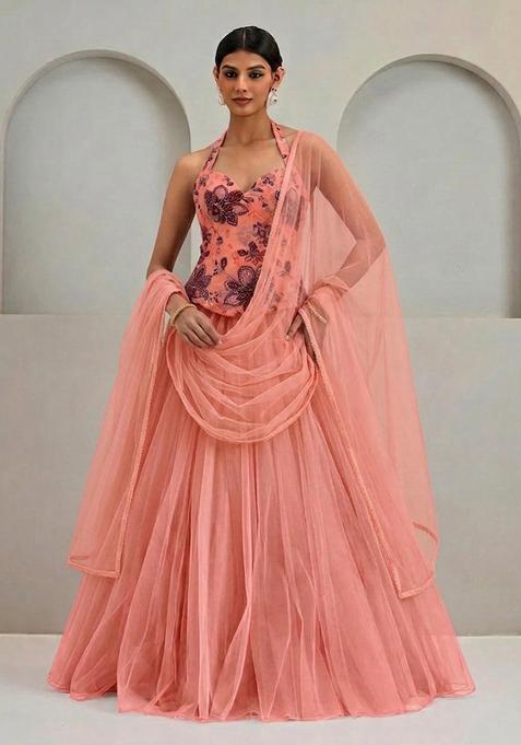 Peach Printed Organza Lehenga Set