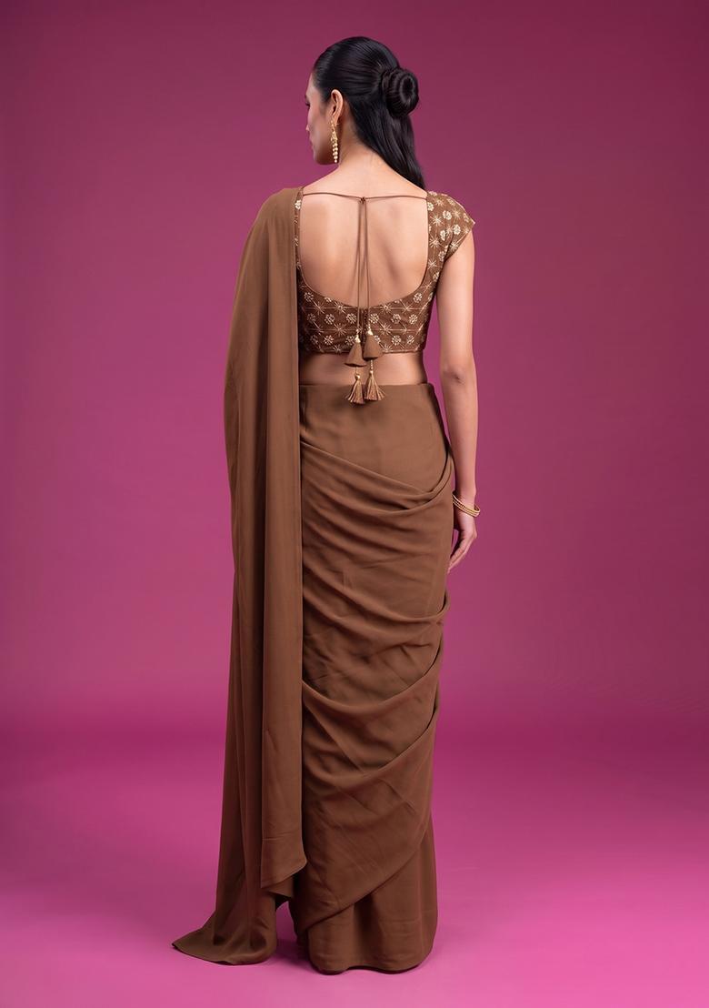 Brown Zari Cosmos Pre Draped Saree Set - Indya
