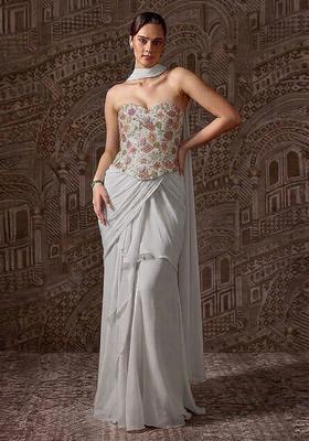 Grey Printed Crepe Pre Draped Saree Set
