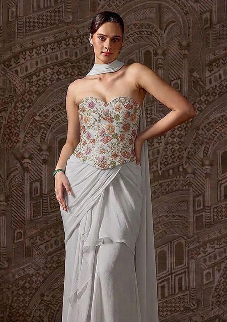 Grey Printed Crepe Pre Draped Saree Set - Indya