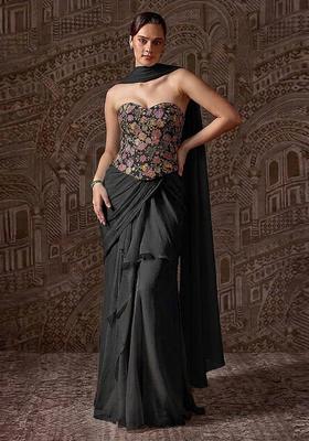 Black Printed Crepe Pre Draped Saree Set