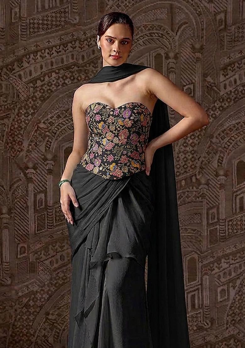 Black Printed Crepe Pre Draped Saree Set - Indya