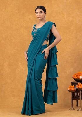 Deep Teal Printed Crepe Pre Draped Saree Set