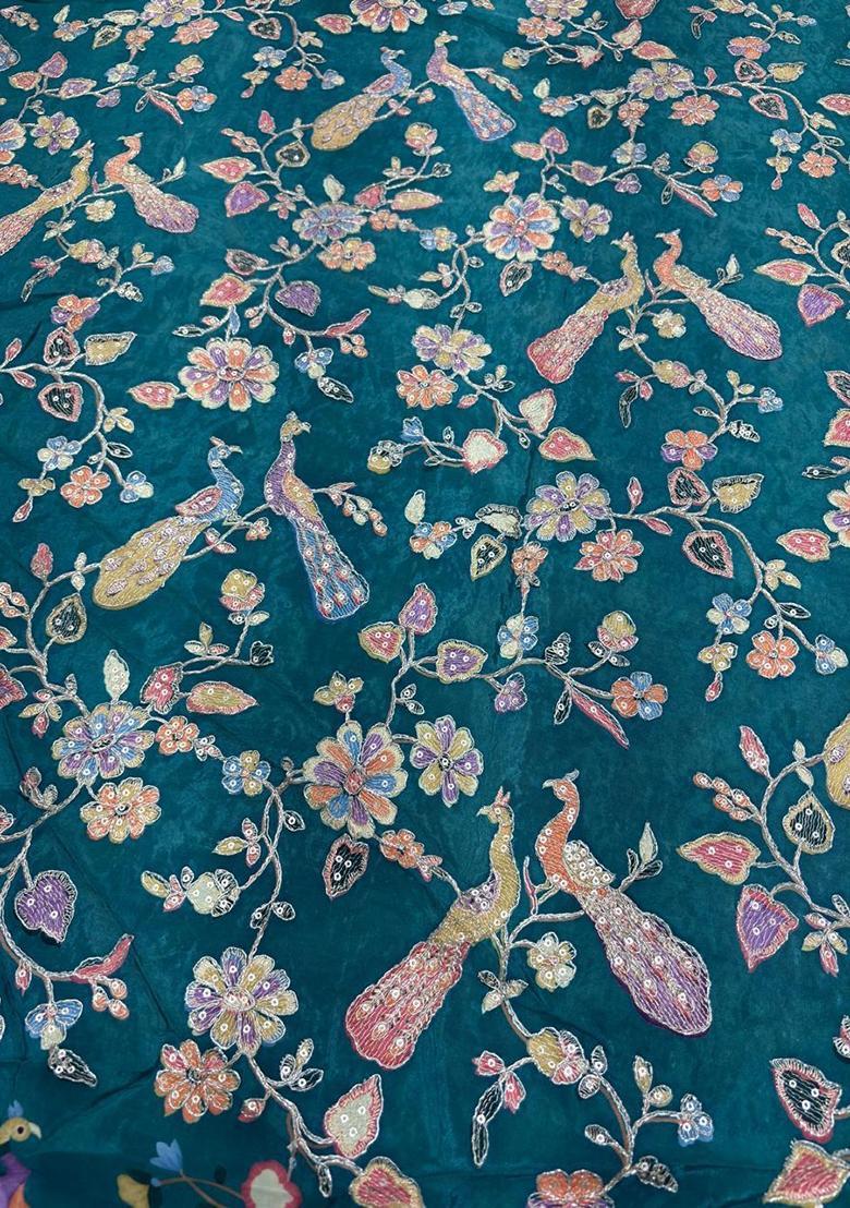 Deep Teal Printed Crepe Pre Draped Saree Set - Indya