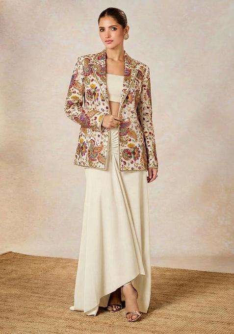 Off White Embroidered Crepe Fusion Set