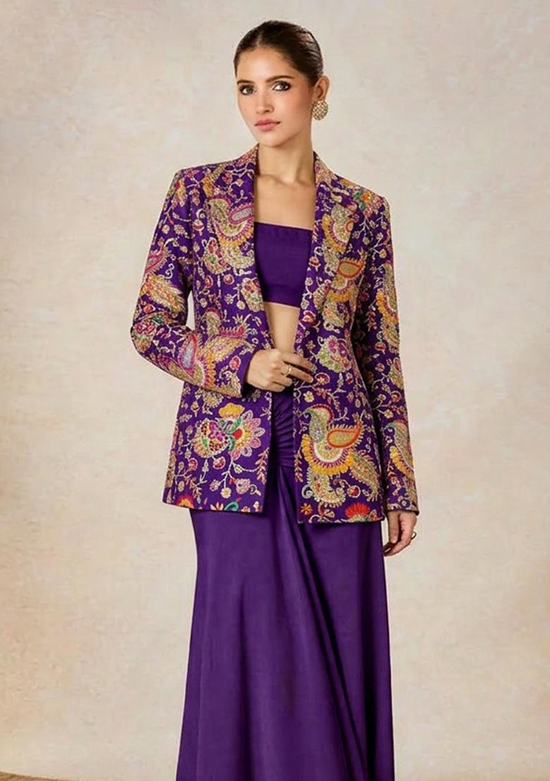 Violet Embroidered Crepe Fusion Set - Indya