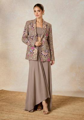 Dusty Mauve Embroidered Crepe Fusion Set