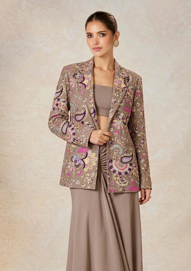 Dusty Mauve Embroidered Crepe Fusion Set - Indya