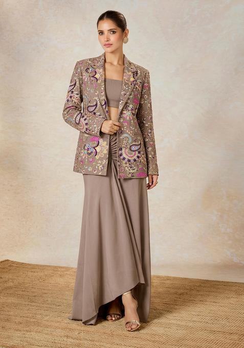 Dusty Mauve Embroidered Crepe Fusion Set