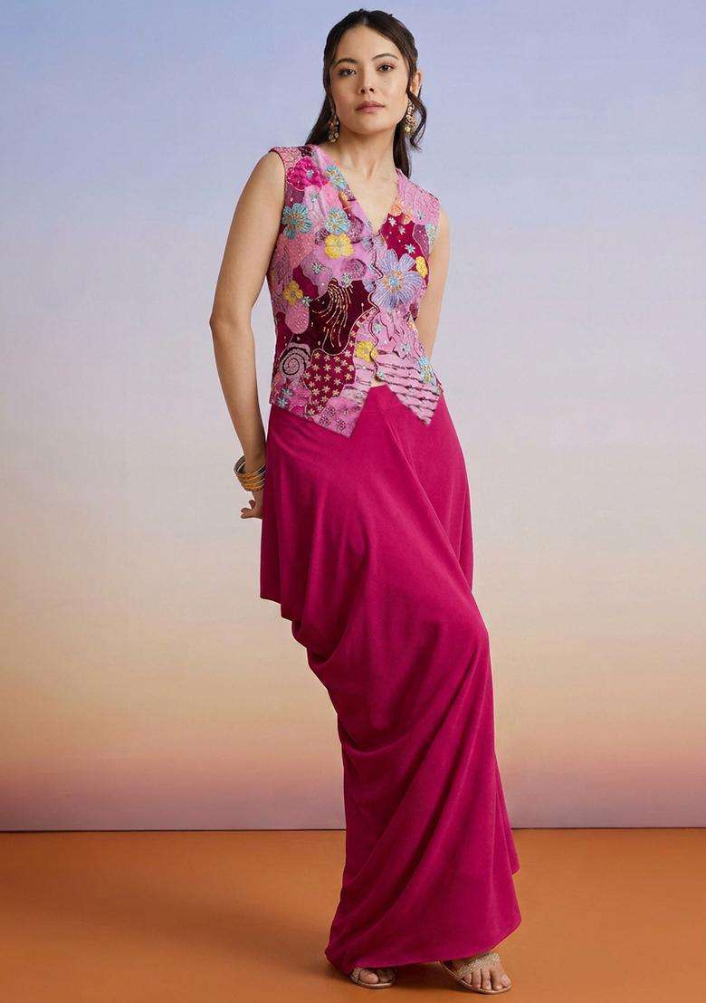 Rani Pink Printed Crepe Fusion Set - Indya