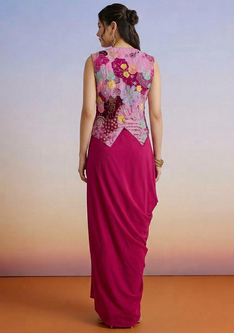 Rani Pink Printed Crepe Fusion Set - Indya
