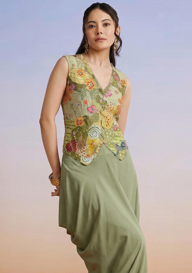 Pastel Green Printed Crepe Fusion Set - Indya