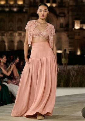 Peach Embroidered Cotton Fusion Set