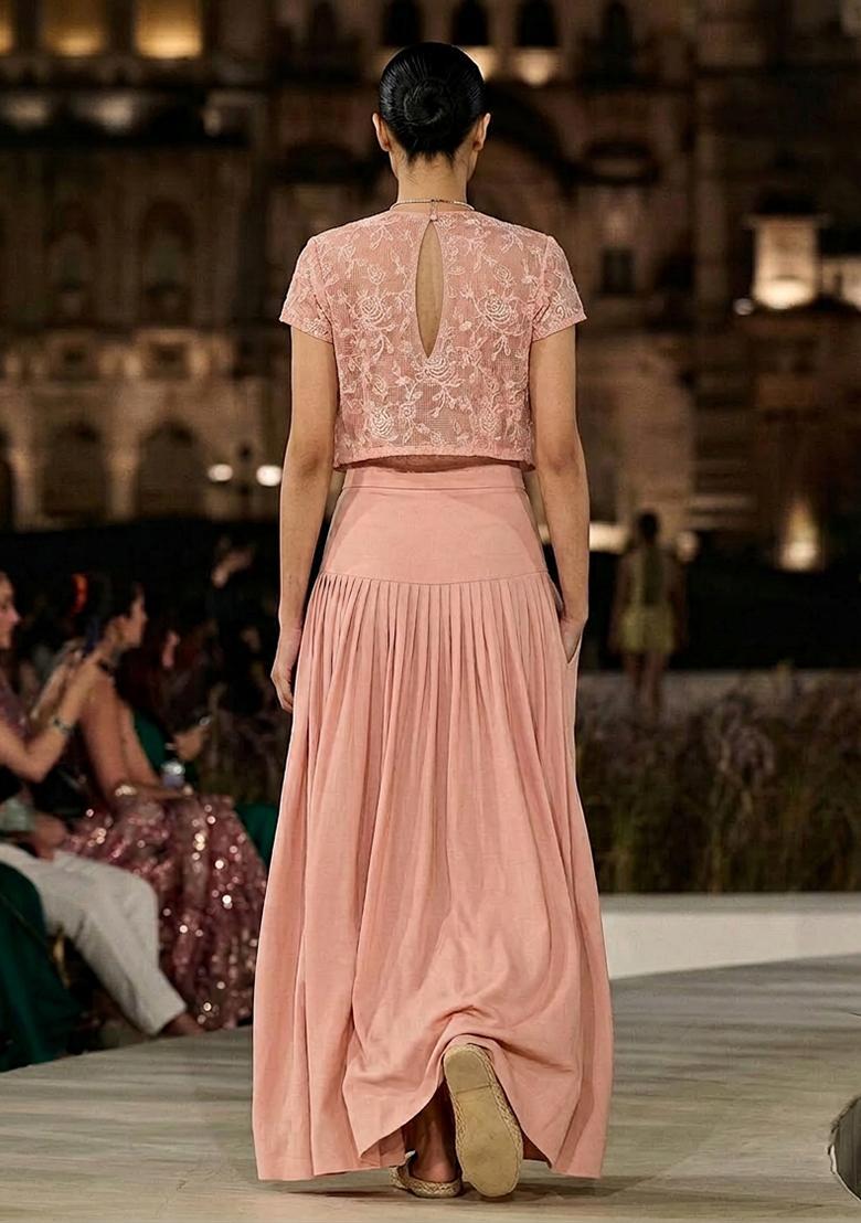 Peach Embroidered Cotton Fusion Set - Indya
