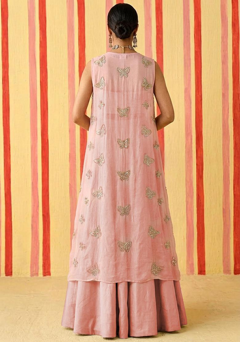 Light Pink Embroidered Organza Fusion Set - Indya