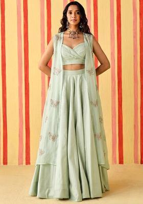 Off White Embroidered Organza Fusion Set