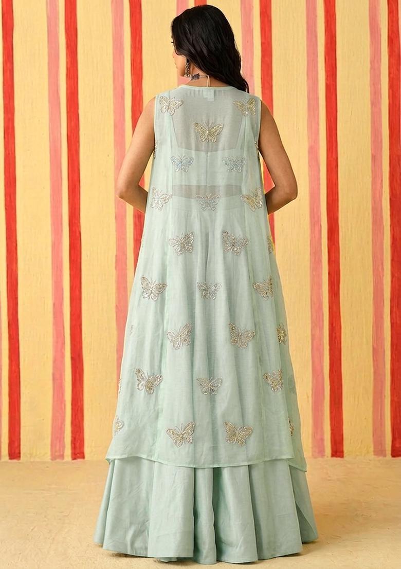 Off White Embroidered Organza Fusion Set - Indya