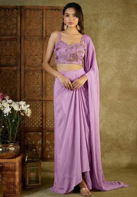 Lavender Printed Organza Pre Draped Saree Set