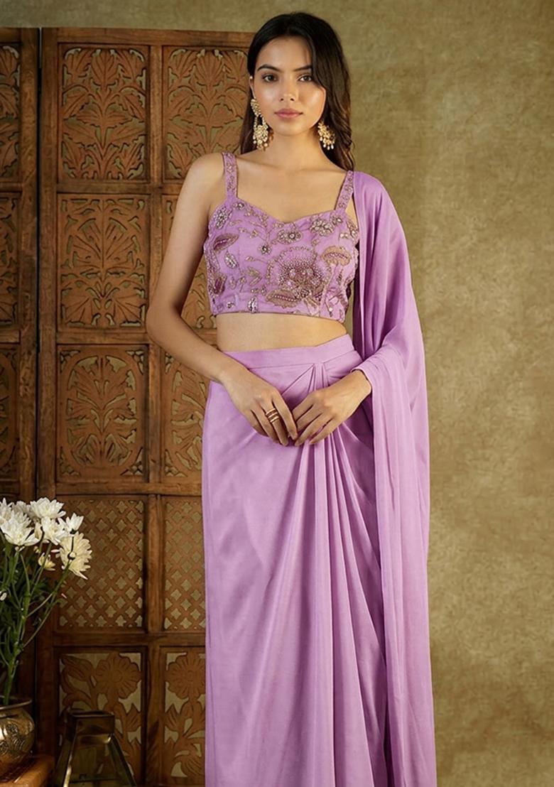Lavender Printed Organza Pre Draped Saree Set - Indya