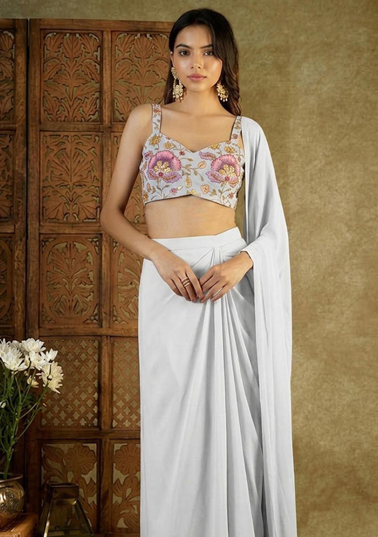 Ivory Printed Organza Pre Draped Saree Set - Indya