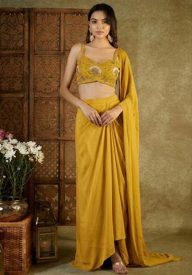 Yellow Printed Organza Pre Draped Saree Set