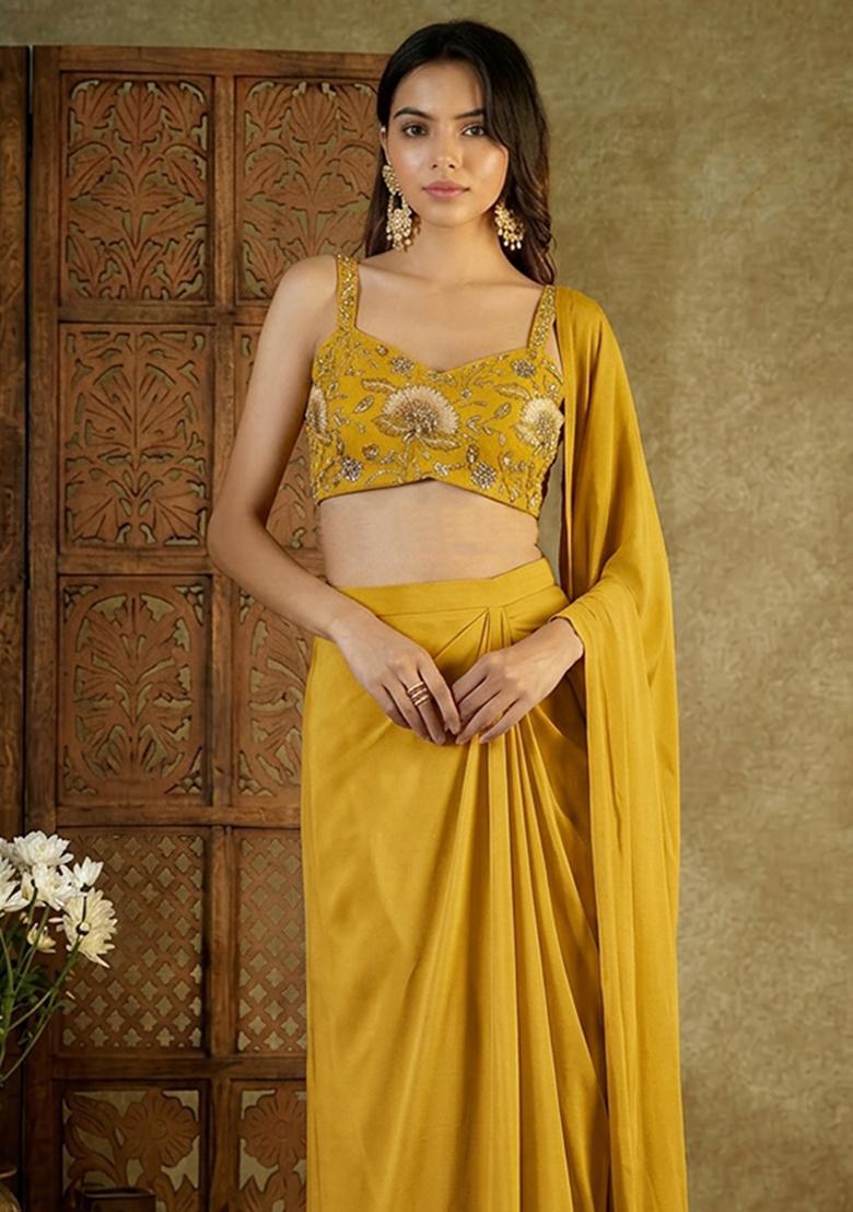 Yellow Printed Organza Pre Draped Saree Set - Indya