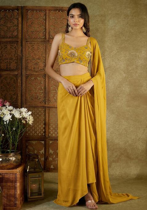 Yellow Printed Organza Pre Draped Saree Set