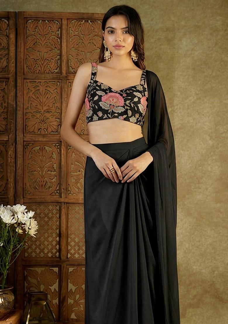 Black Printed Organza Pre Draped Saree Set - Indya
