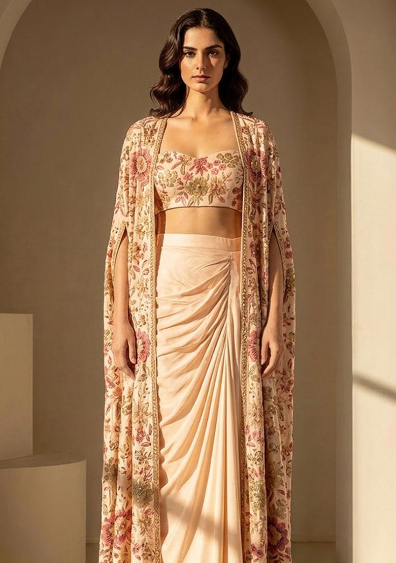 Cream Printed Chinon Fusion Set - Indya