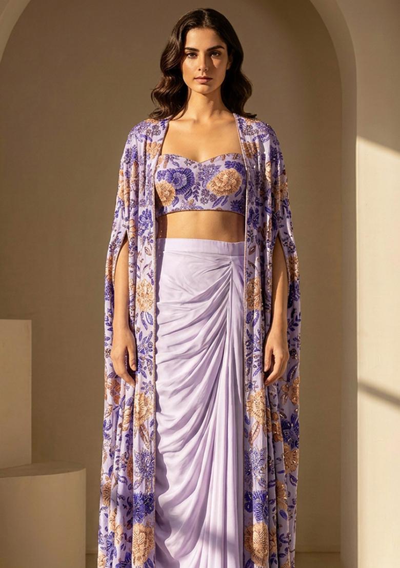 Lavender Printed Chinon Fusion Set - Indya