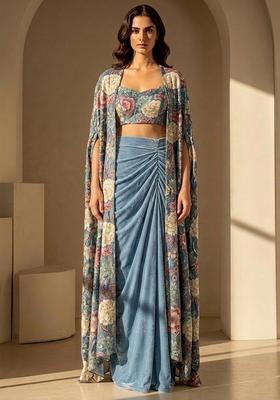 Powder Blue Printed Chinon Fusion Set