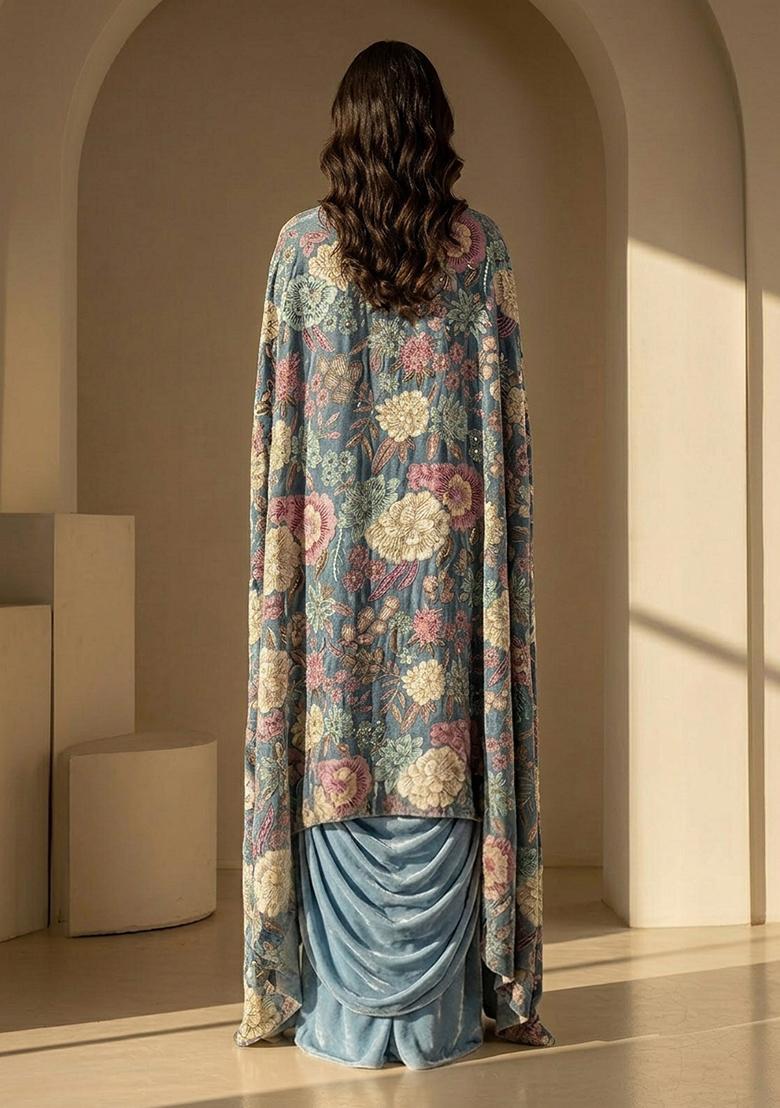 Powder Blue Printed Chinon Fusion Set - Indya