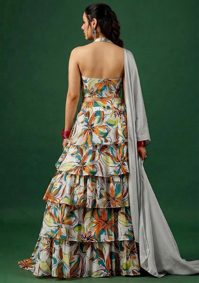 Off White Printed Georgette Lehenga Set - Indya