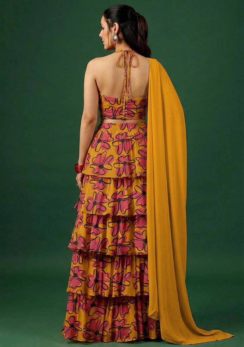 Orange Printed Georgette Lehenga Set - Indya