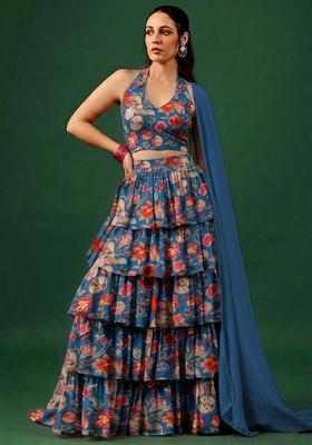 Blue Printed Georgette Lehenga Set