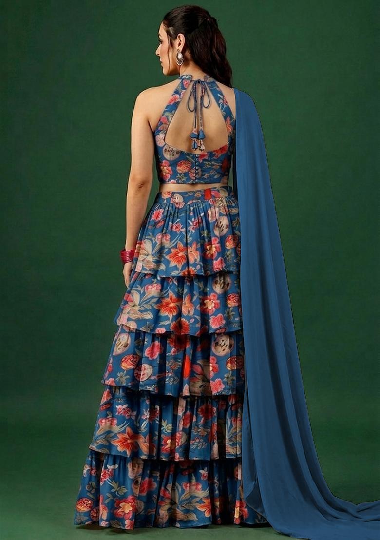 Blue Printed Georgette Lehenga Set - Indya