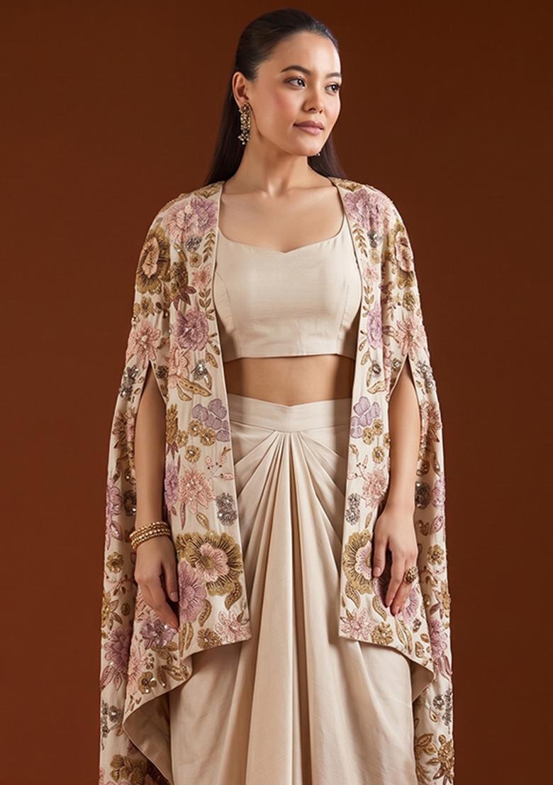 Beige Printed Silk Blend Fusion Set - Indya