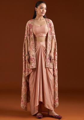 Peach Printed Silk Blend Fusion Set