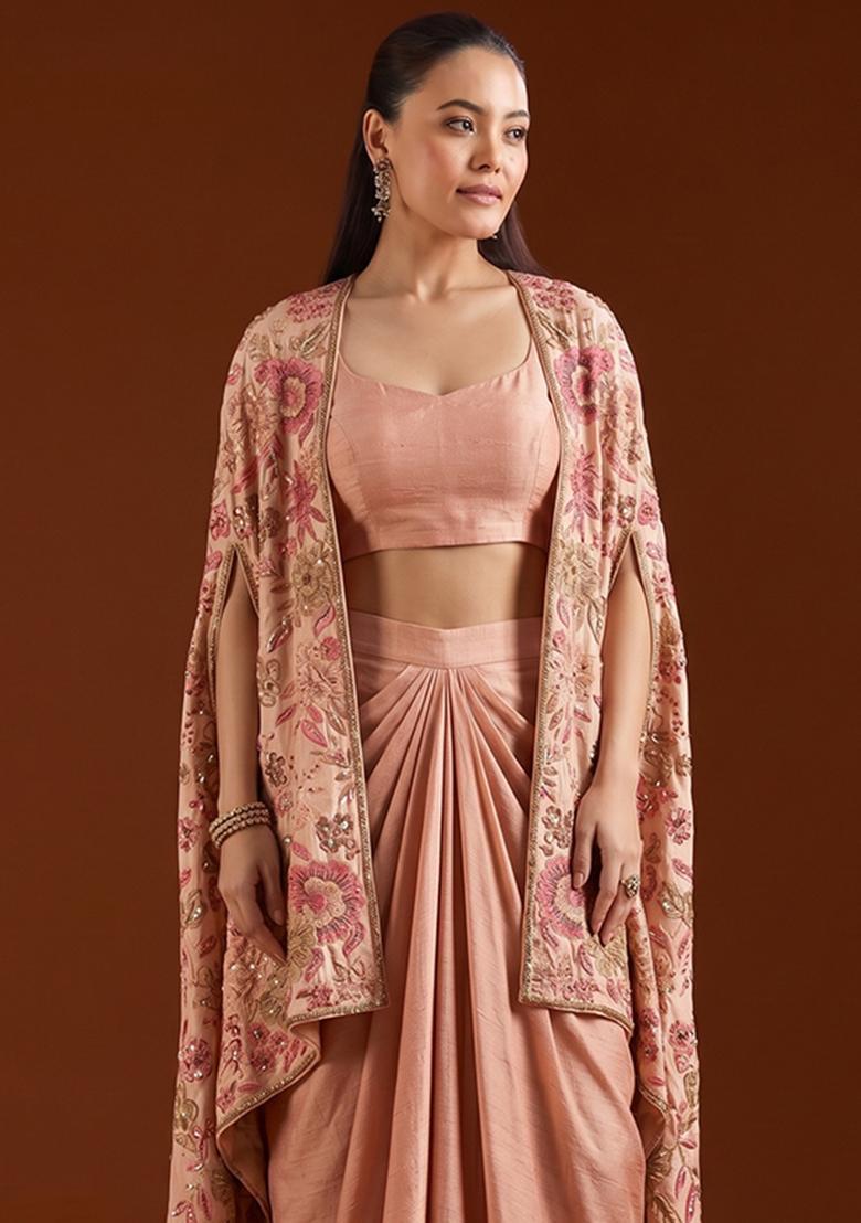 Peach Printed Silk Blend Fusion Set - Indya