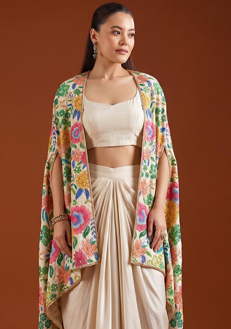 Off White Printed Silk Blend Fusion Set - Indya