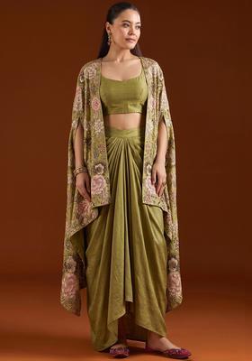 Green Printed Silk Blend Fusion Set