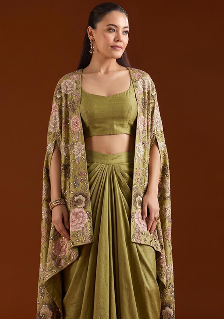 Green Printed Silk Blend Fusion Set - Indya