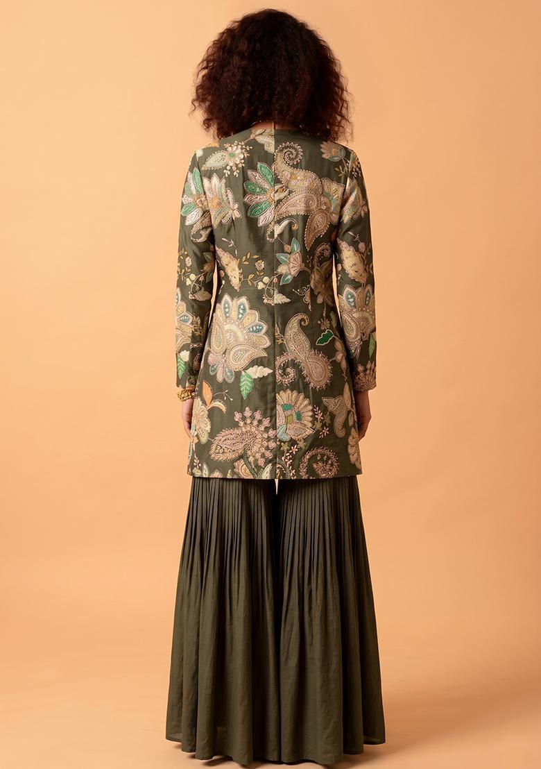 Deep Green Printed Crepe Fusion Set - Indya