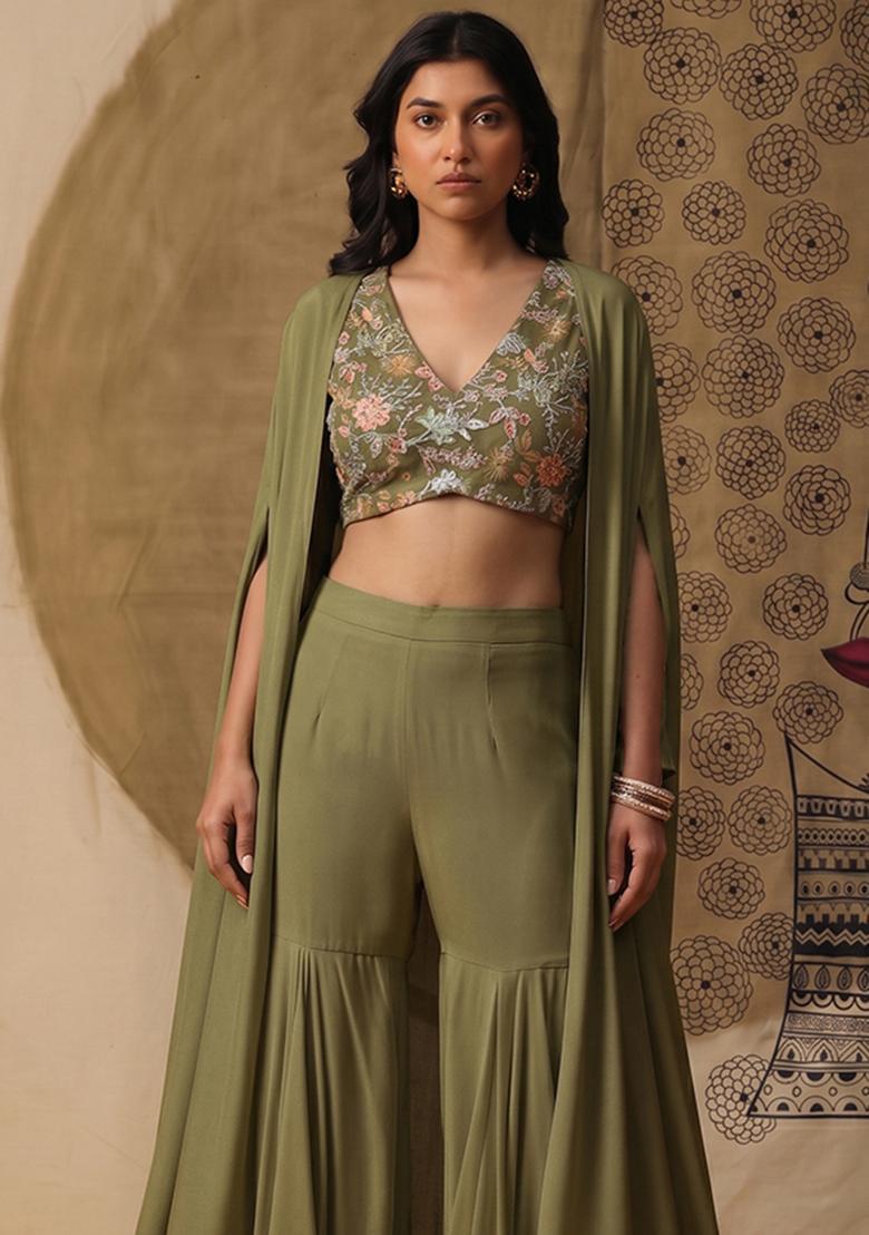 Olive Green Sequin Crepe Fusion Set - Indya