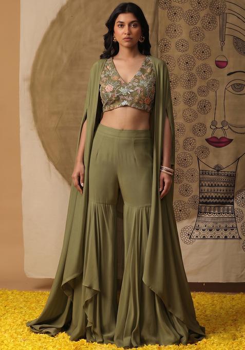 Olive Green Sequin Crepe Fusion Set