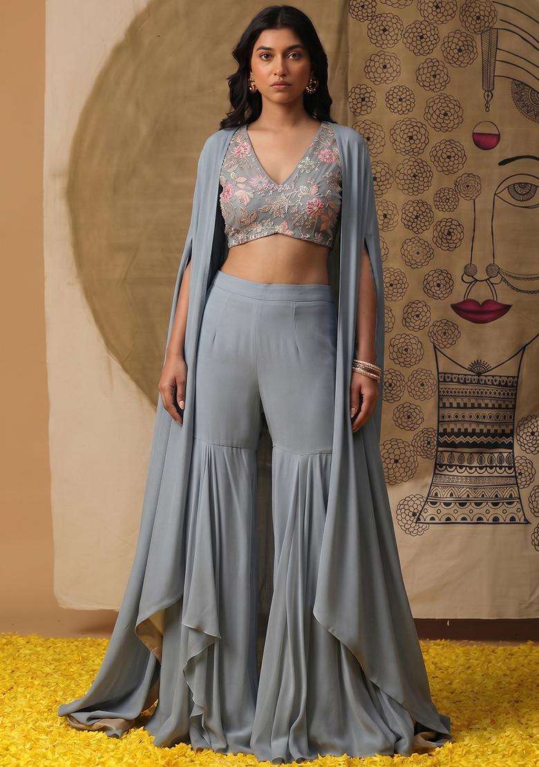 Pastel Blue Sequin Crepe Fusion Set - Indya