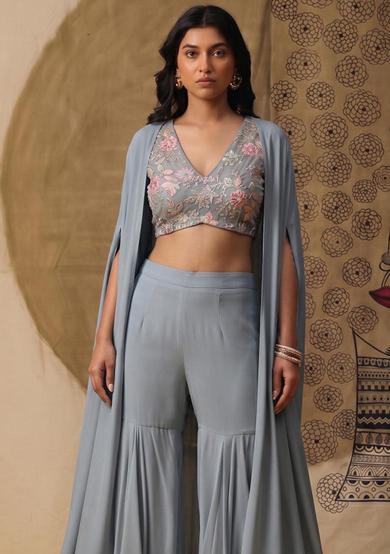 Pastel Blue Sequin Crepe Fusion Set - Indya
