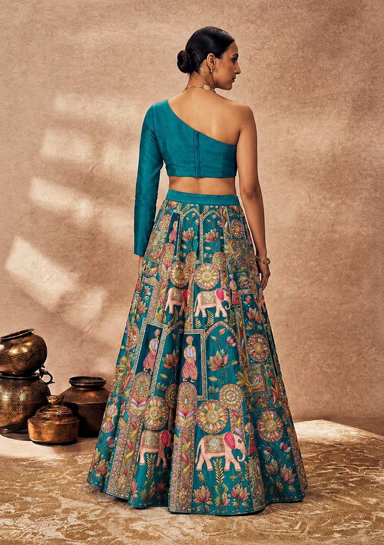 Deep Teal Silk Blend Lehenga Set - Indya