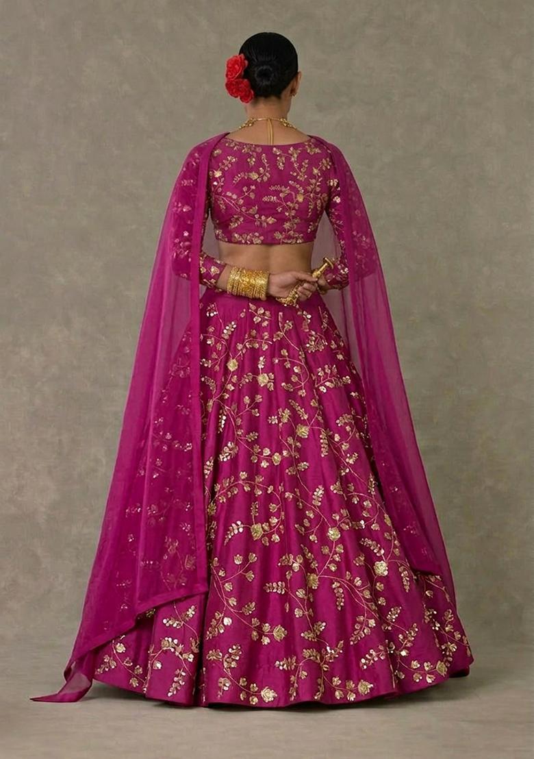 Rani Pink Embroidered Crepe Lehenga Set - Indya